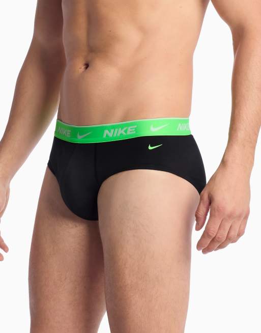 Nike Dri-FIT Essential Cotton 3 pack hip briefs with green waistbands in black, 4 of 4