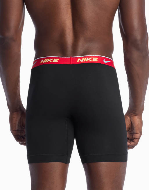 Nike Dri-FIT Essential Cotton 3 pack long boxer briefs with red/gray/black waistbands in black, 3 of 4