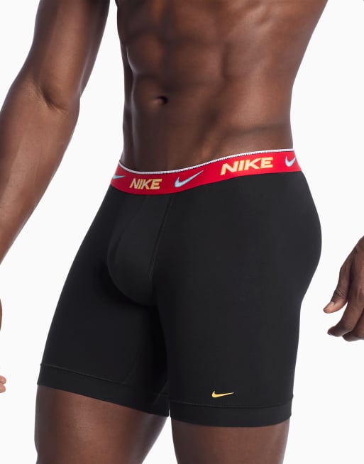 Nike Dri-FIT Essential Cotton 3 pack long boxer briefs with red/gray/black waistbands in black, 4 of 4