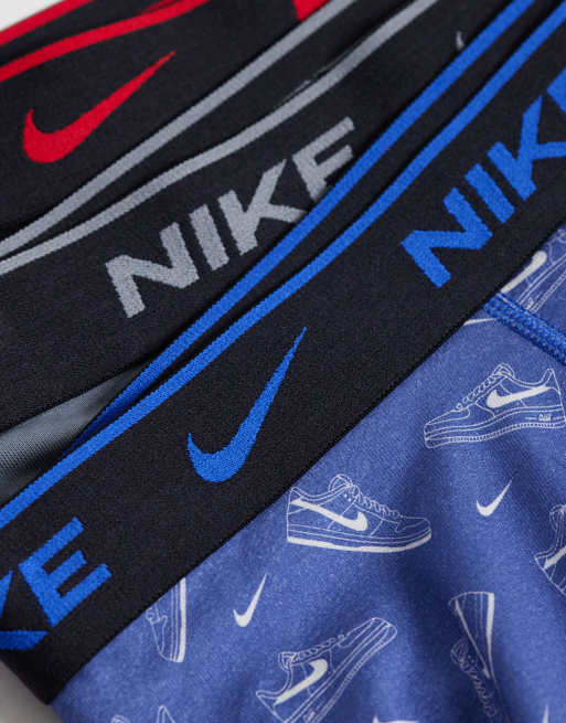 Nike Dri-FIT Essential Cotton 3 pack trunks in black/blue print/grey, 2 of 3
