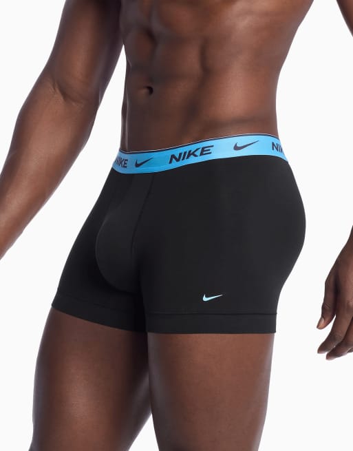 Nike Dri-FIT Essential Cotton 3 pack trunks with blue/gray/purple waistbands in black, 2 of 3
