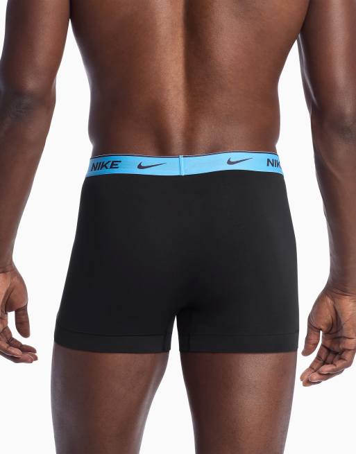 Nike Dri-FIT Essential Cotton 3 pack trunks with blue/gray/purple waistbands in black, 3 of 3