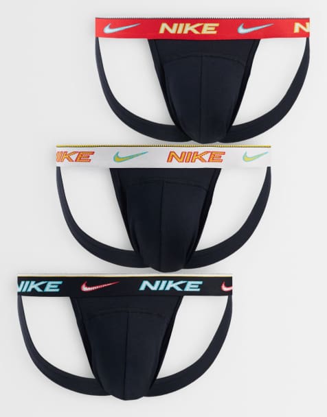 Nike – Dri-FIT Essential Cotton – Jockstraps in Schwarz mit Bund in Schwarz/Weiß/Rot, 3er-Pack - view 1
