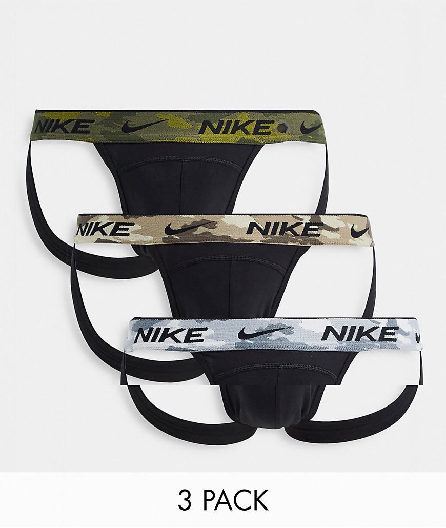 Nike Dri-FIT Essential Cotton Stretch 3 pack jock straps with contrast waistbands in black