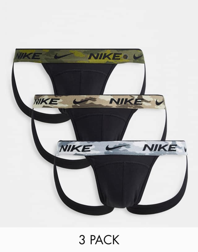 Nike Dri-FIT Essential Cotton Stretch 3 pack jock straps with contrast waistbands in black