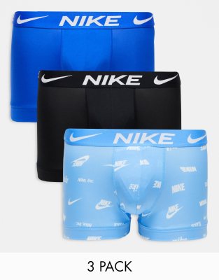 Nike Dri-Fit Essential Microfiber trunks 3 pack in blac/blue/cloud print - ASOS Price Checker