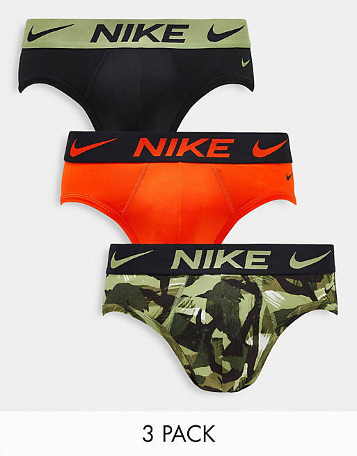 Nike Dri-FIT Essential Micro 3 pack hip briefs in camo/orange/black