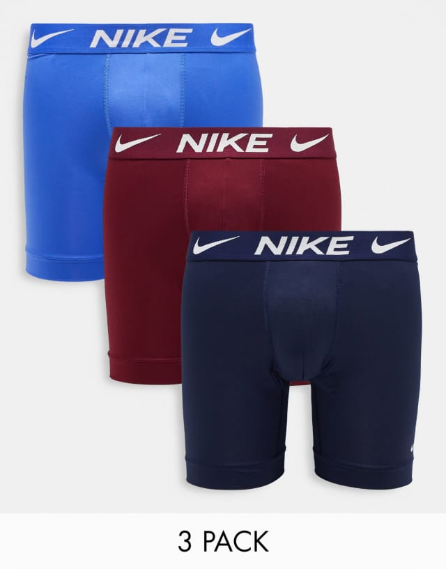 Nike Dri-FIT Essential Micro 3 pack longer length boxer briefs in blue burgundy and navy