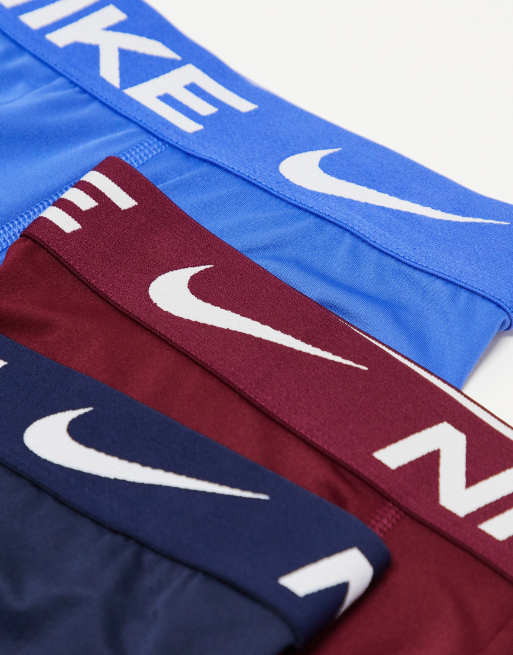 Nike Dri-FIT Essential Micro 3 pack longer length boxer briefs in blue,  burgundy and navy