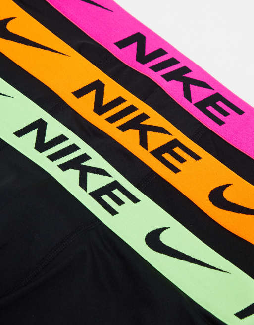 Nike - Dri-Fit Essential Micro - Confezione da 3 boxer aderenti neri in microfibra Dri-Fit con vita elasticizzata arancione, rosa e verde fluo, 2 di 4