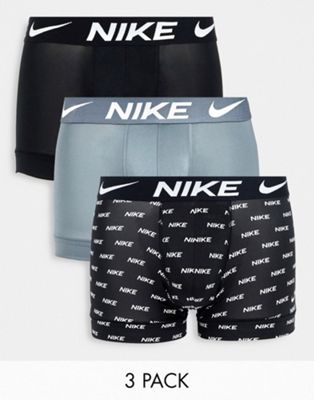 Nike Dri-Fit Essential Microfiber long boxer briefs 3 pack in black/grey/print