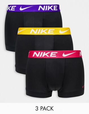 Nike Dri-Fit Essential Microfiber trunks 3 pack in black with coloured waistband - ASOS Price Checker