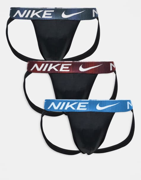 Nike Dri-Fit Essential Microfibre 3 pack jock straps in black with grey / brown / blue waistbands - view 1