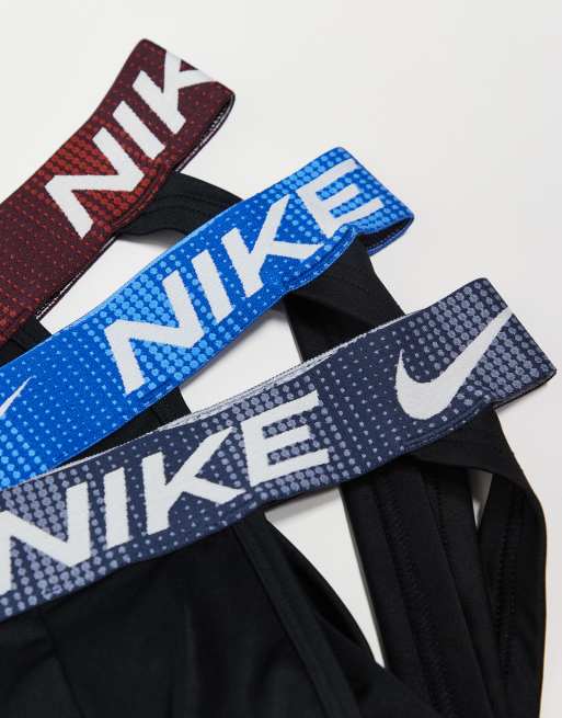 Nike Dri-Fit Essential Microfibre 3 pack jock straps in black with grey / brown / blue waistbands, 2 of 3