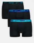 [Nike] Nike Dri-FIT Essential Microfibre 3 pack trunks in black with blue waistbands M BLK - GLACIER BLUE