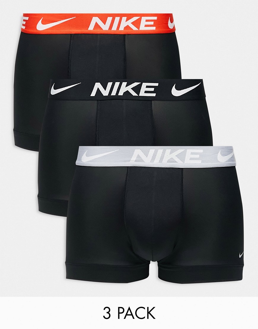 Nike Dri-Fit Essential Microfibre trunks 3 pack in black with black/grey/orange waistband