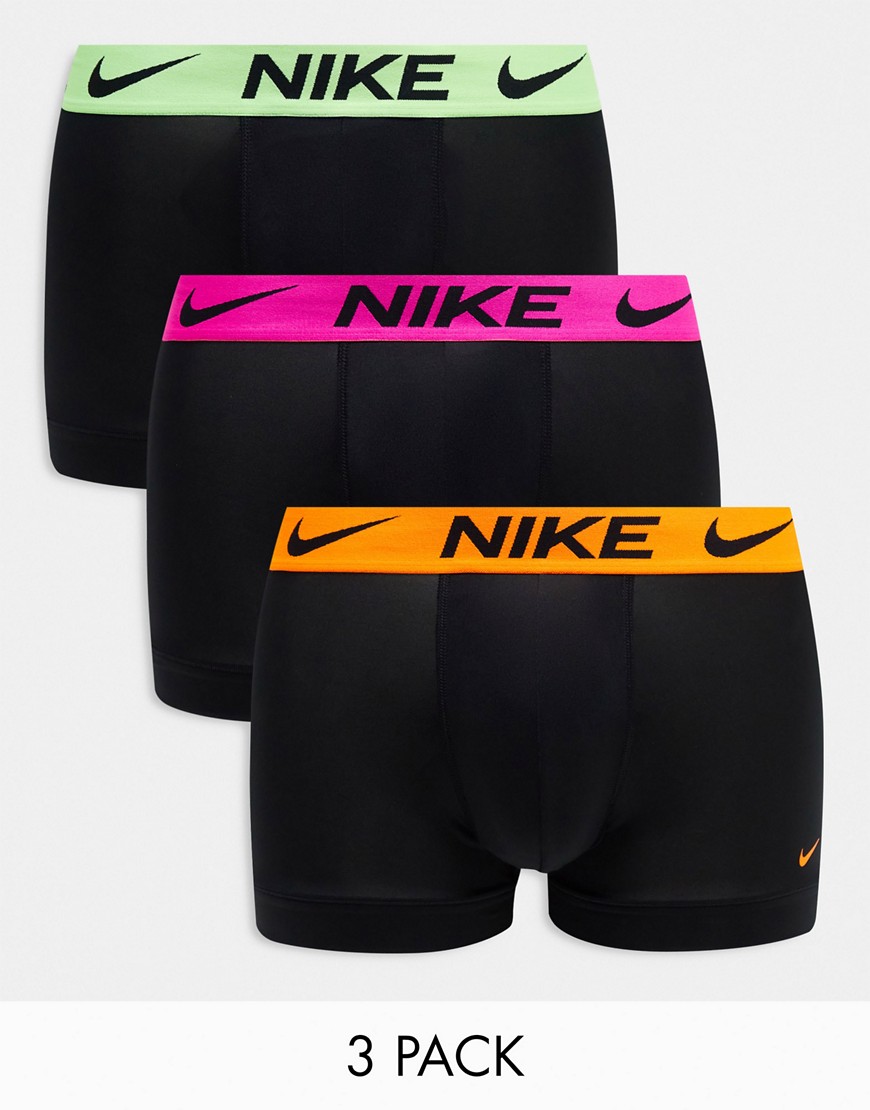 Nike Dri-Fit Essential Microfibre trunks 3 pack in black with orange/volt/pink waistband