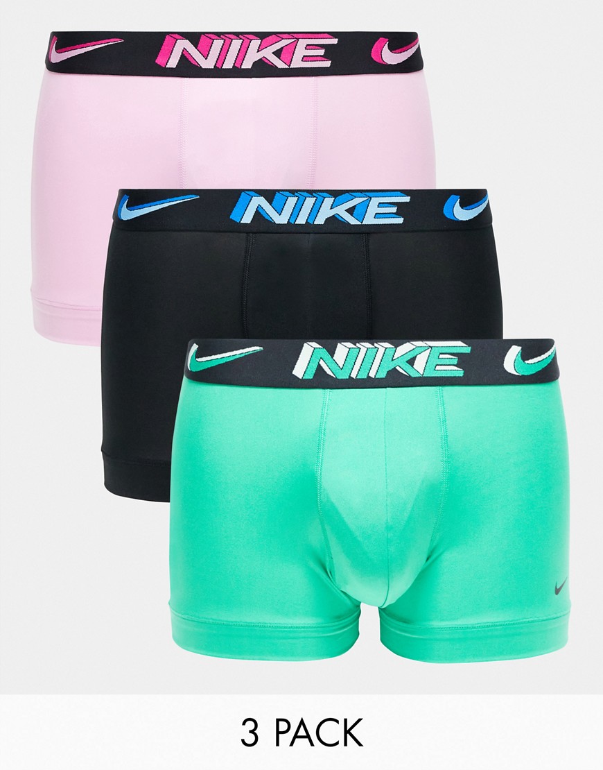 Nike Dri-Fit Essential Microfibre trunks 3 pack in green, pink and black-Multi