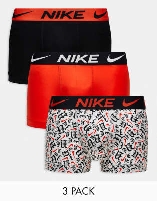 Nike – Dri-Fit Essential – Zestaw 3 par bokserek z mikrofibry w kolorze białym, pomarańczowym i czarnym ze wzorem