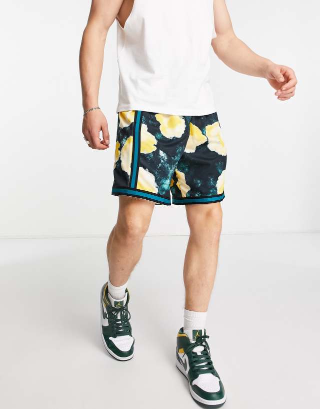 Nike Dri-FIT Floral DNA+ all over burnout print shorts in navy/yellow