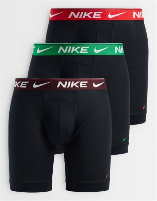 Nike Dri-fit Ultra Comfort 3 Pack Long Boxer Briefs With Green/brown/red Waistbands In Black