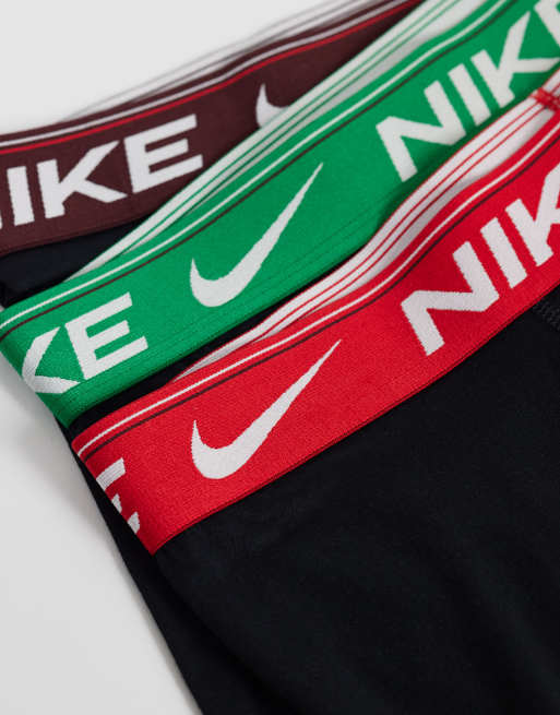 Nike Dri-FIT Ultra Comfort 3 pack long boxer briefs with green/brown/red waistbands in black, 2 of 3