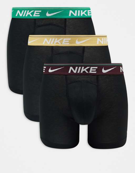 Nike - Dri-FIT - Ultra Comfort - Set van 3 boxershorts met gekleurde tailleband in groen/goud/bordeauxrood
