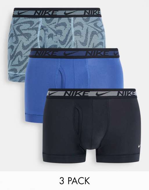 Nike – Dri-Fit – Zestaw 3 par elastycznych bokserek z mikrofibry w kolorach czarnym, niebieskim i wzorzystym