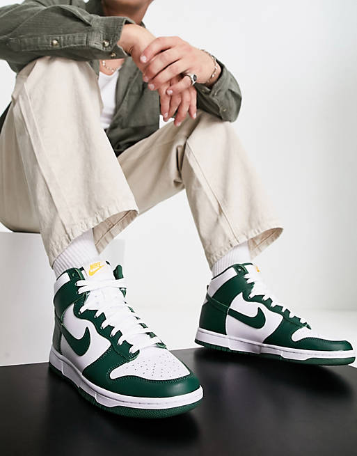 Nike Dunk Hi Top Retro sneakers in white and dark green | ASOS