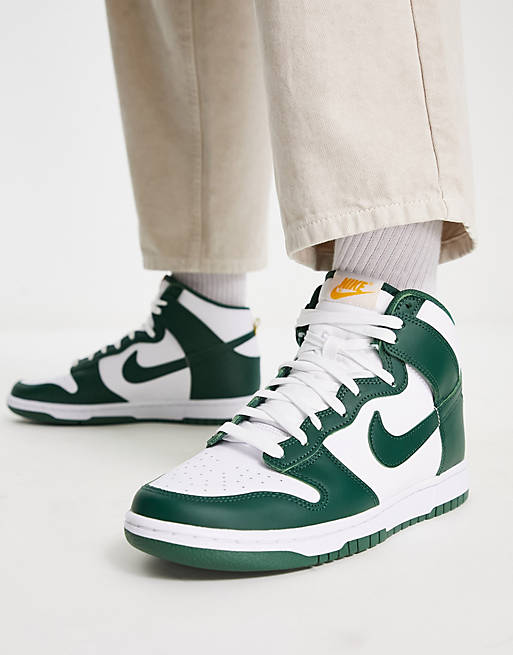 Nike Dunk Hi Top Retro sneakers in white and dark green