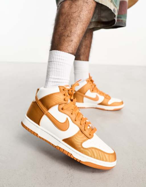 orange and white nike dunks high