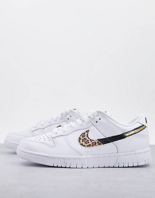 Women Trainers/Nike Dunk Low trainers in white with leopard print swoosh 