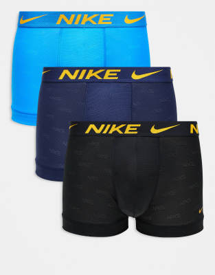 Nike Nike Elite Breathe 3 pack trunk in black / navy / blue with yellow detail waistband