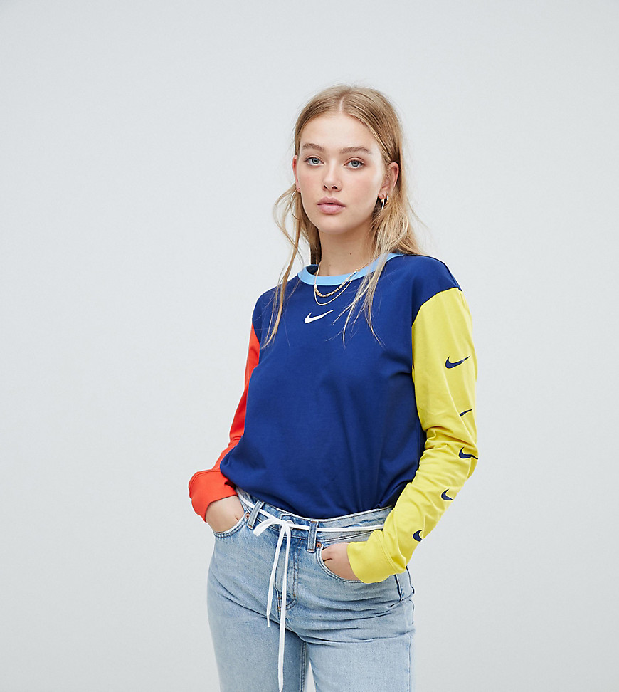 Nike – Endast hos Asos – Pack med långärmade T-shhirs med färgblock oach Swoosh-logga-Flerfärgad