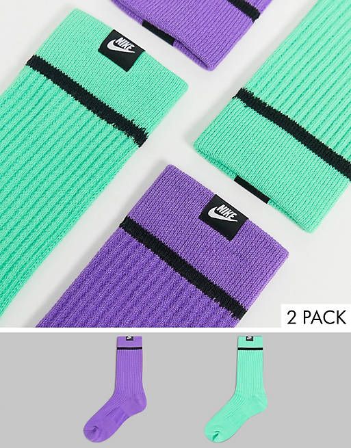 Nike Essential 2 pack socks in purple/green