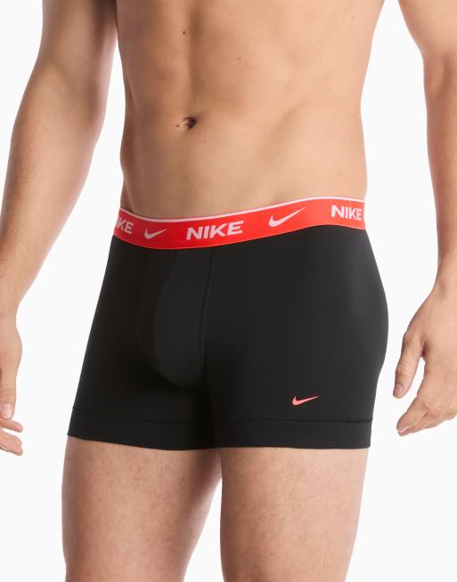 Nike Essential cotton 2 pack trunks in black with red/grey waistbands, 3 of 4