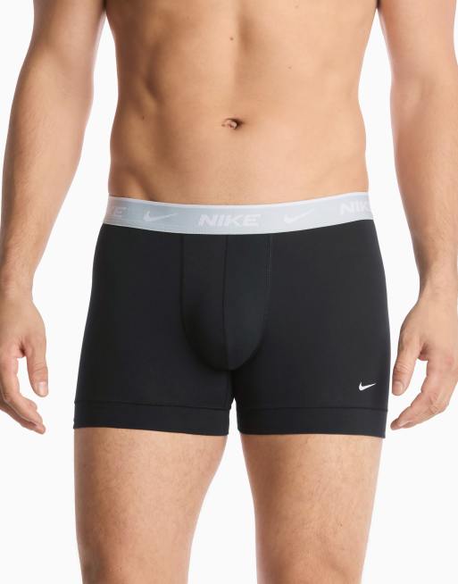 Nike Essential cotton 3 pack trunks in black with grey/purple/green waistbands, 2 of 4
