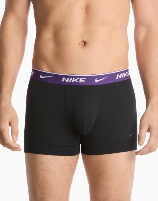 Nike Essential Cotton 3 pack trunks in black with purple/yellow/red waistbands, 3 of 4