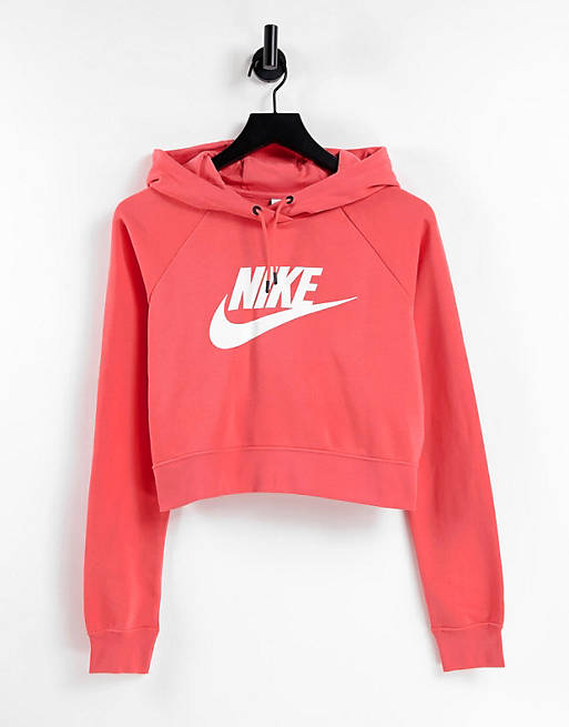 Nike essential fleece cropped hoodie in coral pink | ASOS