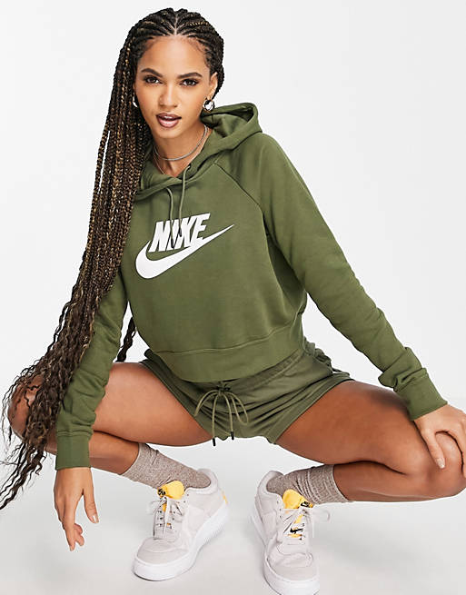 Women Nike essential fleece cropped hoodie in khaki olive 