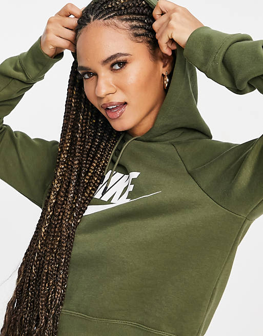 Women Nike essential fleece cropped hoodie in khaki olive 