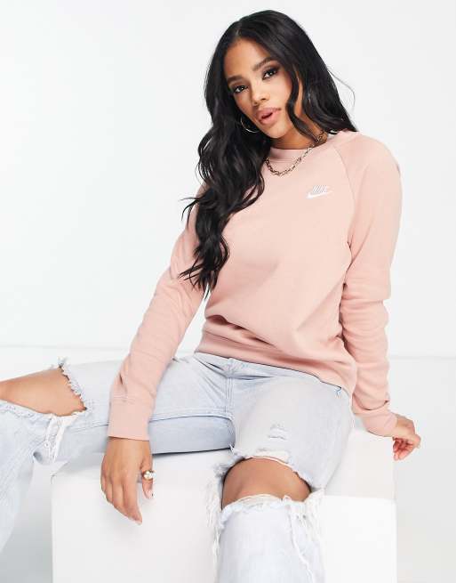 Nike Essential Fleece mini logo crew sweatshirt in rose whisper