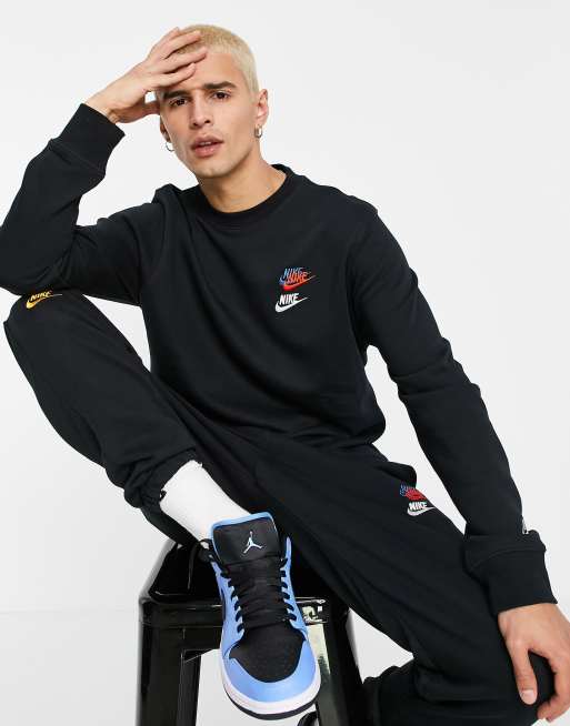 Nike Essential fleece+ multi logo crew neck sweatshirt in black ASOS