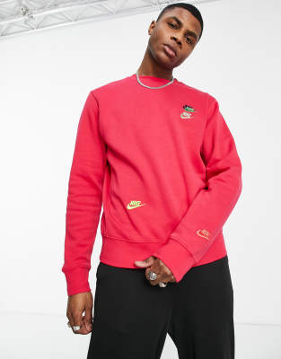 Nike Essential fleece multi logo crew neck sweatshirt in dark pink ASOS