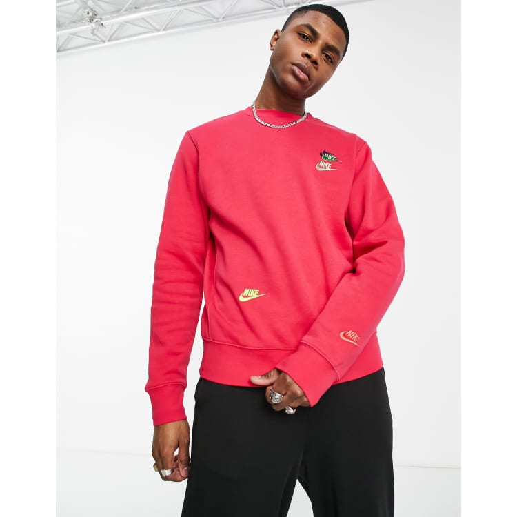 Nike Essential fleece multi logo crew neck sweatshirt in dark pink ASOS