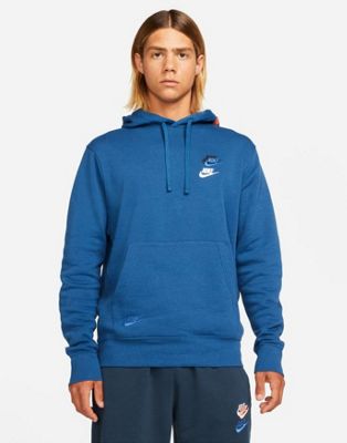 Nike Essential fleece+ multi logo hoodie in blue | ASOS