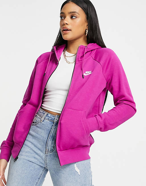 Nike essential fleece zip thru hoodie in purple | ASOS