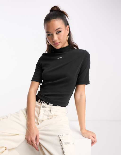 Nike - Essential - Geribbelde top met opstaande hals en kleine swoosh in zwart