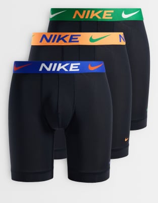 Nike Essential Micro 3 Pack Long Boxer Briefs With Blue/orange/green Waistbands In Black