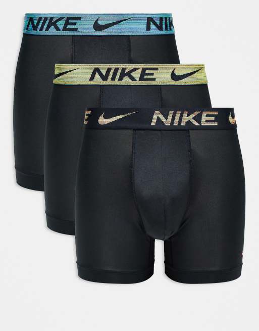 Nike Essential Microfiber 3 pack boxer brief in black with colored waistband in green / khaki / blue